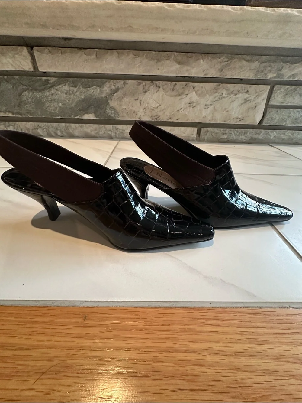 J. Renee Black Mock Croc Embossed Slingback Kitten Heels Mules